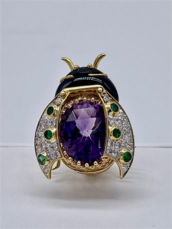 18K Yellow Gold Lady Bug Brooch with Amethyst, Emeralds and Diamonds