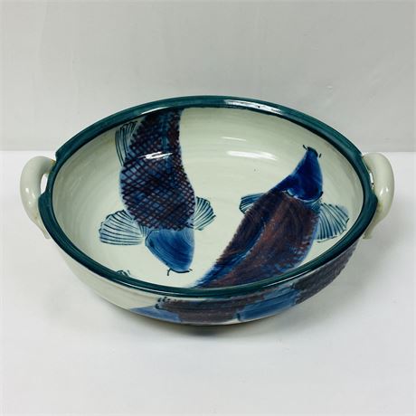 Large Handled Pottery Bowl with Fish Design - 12 1/4" x 3 1/4"