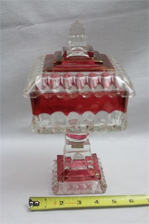 Vintage Indiana Glass Ruby Red Flash Covered Square Pedestal Compote Candy Dish