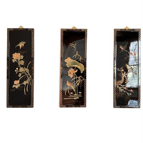 Vintage Oriental Black Lacquered Panels With Mother of Pearl Inlay, Set of 3