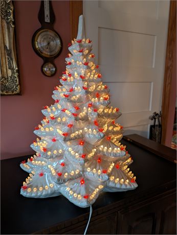 Vintage White Ceramic Lighted Christmas Tree with Red Birds