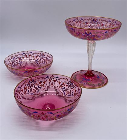 2 Venetian Hand Painted Pink Glass Bowls and Compote