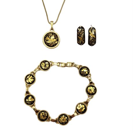 1970s Damascene Pendant, Earrings & Bracelet Set