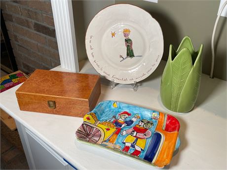 Burlwood Humidor Box and Decorative Ceramics