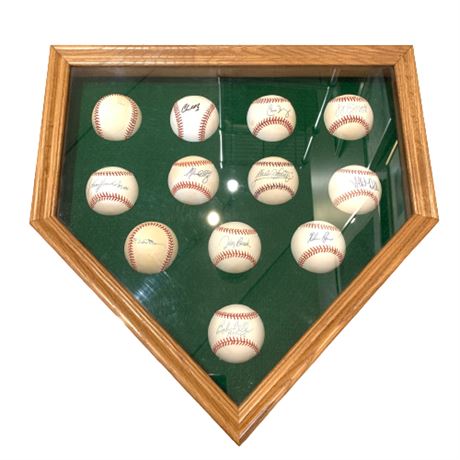 Hall of Fame Home Plate Shadow Box of Signed Baseballs Bob Feller, Eddie Murray