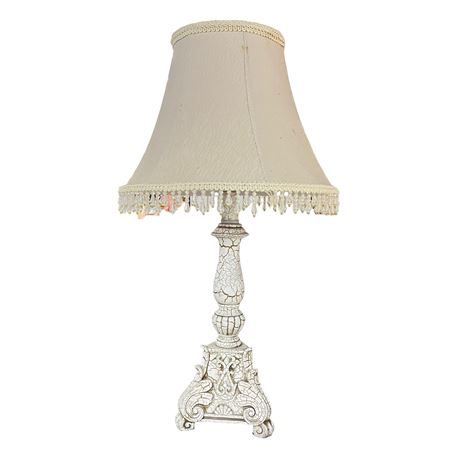 Vintage French Style White Wooden Lamp with Beaded Shade