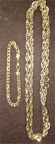 Gold Tone Rope Chain Necklace and Curb Chain Bracelet
