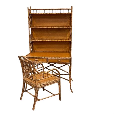 Vintage Scorched Bamboo Rattan Writing Desk & Chair