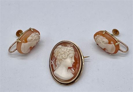 Cameo Brooch and Clip Earrings Set in 14K Yellow Gold