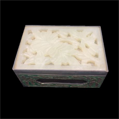 Carved Jade and Enamel on Brass Match Box