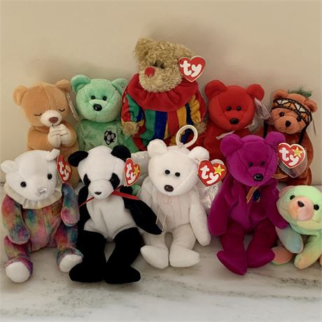 Lot of 10 Ty Beanie Babies Bears - Millenium, Little Feather, Kicks, Halo & More