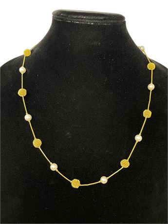 Gold Tone Faux Pearl and Wrapped Bead Necklace