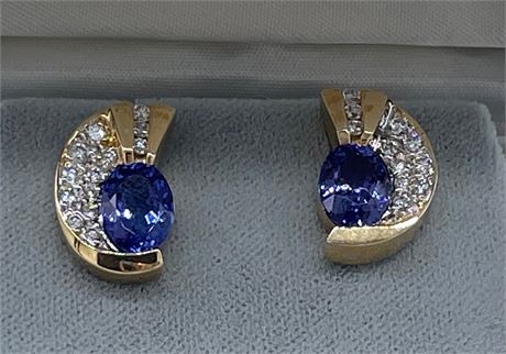 14K Yellow Gold Diamond and Blue Tanzanite Pierced Earrings