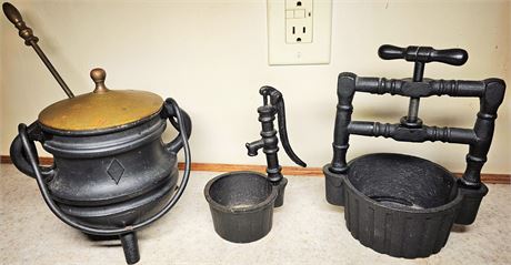 Vintage Enesco Cast Iron Nut Press and Well Hand Pump, & Fire Starter Smudge Pot