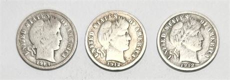 1912 D & 1914 D US Silver Barber Dimes (Lot of 3)