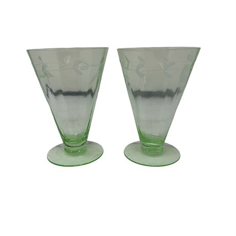 Depression Uranium Glass Dessert Cup with Etched Floral Design