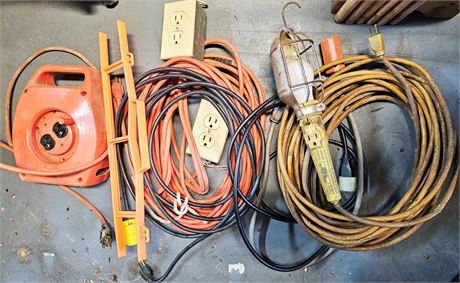 Crate of Extension Cords and Trouble Light