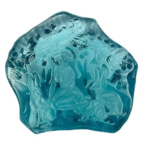 Engraved Iceberg Art Glass Paperweight Woman Sitting With Bunnies