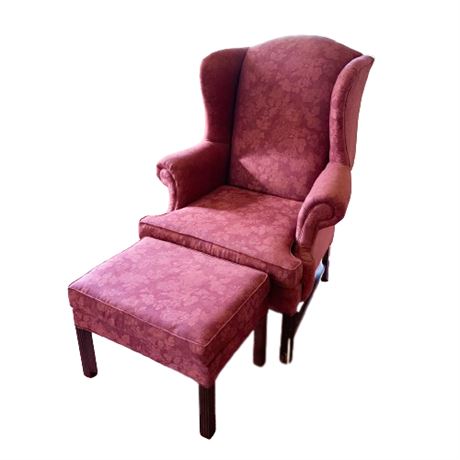 Vintage Queen Anne Wing Back Arm Chair with Footstool