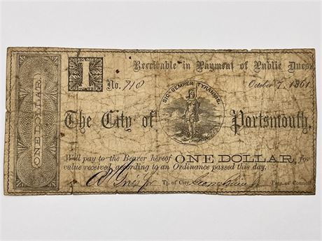 1861 Portsmouth VA One Dollar Note Obsolete Currency