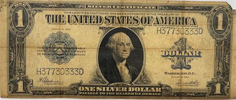 1923 US One Dollar Silver Certificate “Blue Seal” (Horse Blanket) Large Dollar