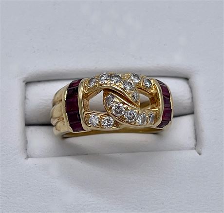Ladies 18K Yellow Gold Ruby and Diamond Knot Ring