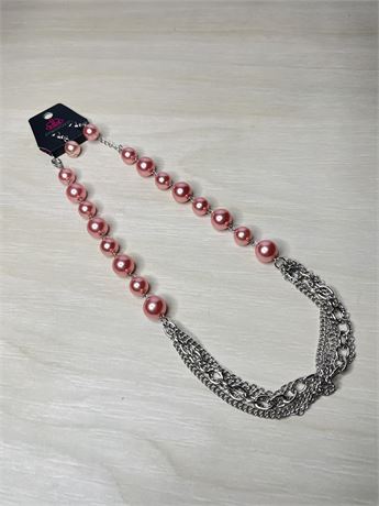 Pink Faux Pearl Silver Tone Chain Necklace and Earrings