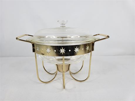 Fire King Divided Casserole Dish with Metal Warming Stand & Lid