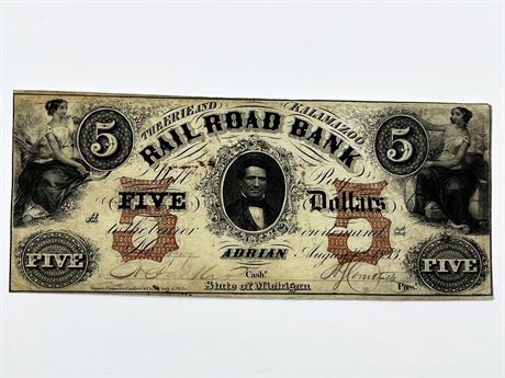 1853 Erie and Kalamazoo Railroad Bank Five Dollar Note