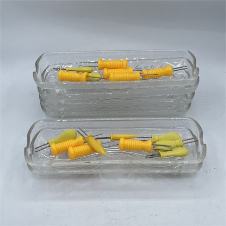 Set of Six Hazel Atlas Decorated Glass Corn on the Cob Holders with Cob Skewers.