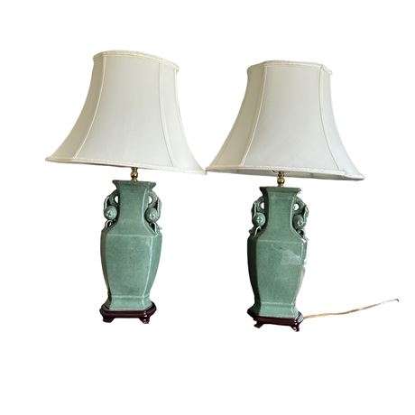 Set of Two Ceramic Green Crackle Table Lamps
