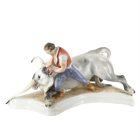 Herend Hungary, Toldi & The Bull Porcelain Figurine Large