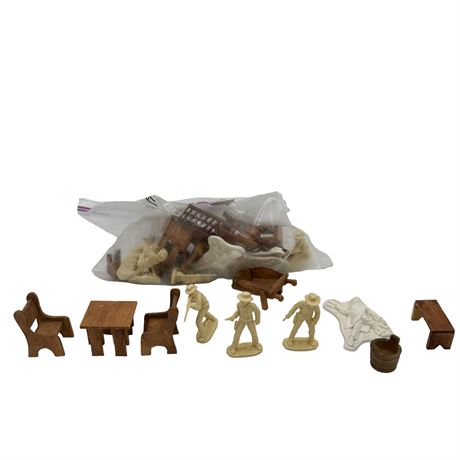Bag of Wooden Furniture and Western Cowboys and Indians Accessories