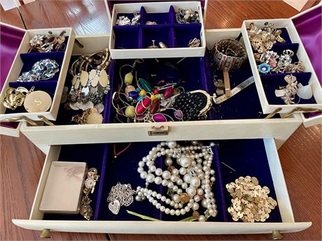 Group of Costume Jewelry in Vintage White Jewelry Box