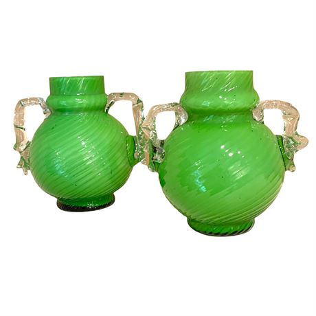 Handblown Cased Green Glass Urn Pair