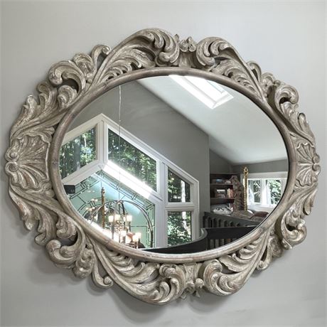 Carved Acanthus Leaves Grey Oval Mirror