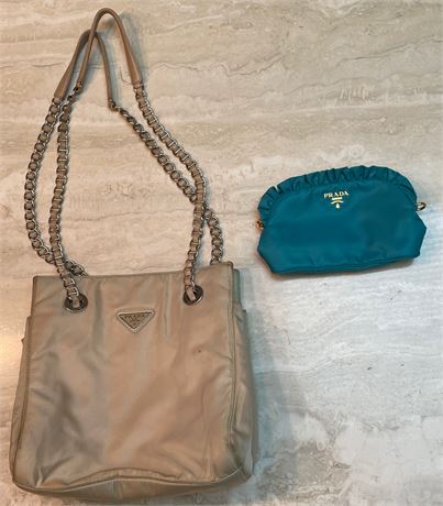 Prada Cream Nylon Chain Handbag and Cosmetic Bag