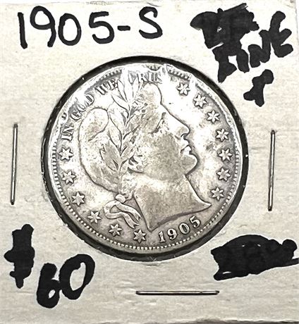 1905 S Silver Barber Half Dollar