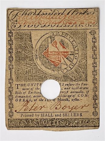 1780 Massachusetts's Two Dollar Colonial Currency Note