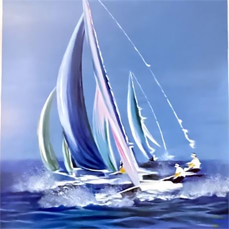Yacht Race Watercolor Lithograph, Numbered and Signed