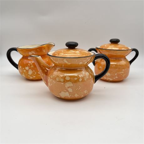 Vintage Czechoslovakian Pottery Teapot, Covered Sugar and Creamer Set