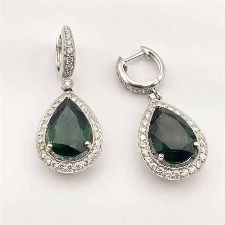 2.5 Carat Diamond and 10 Carat Green Tourmaline 18K White Gold Earrings
