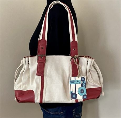 New Mimo Red & Ivory Slouchy Drawstring Canvas Shoulder Bag Purse