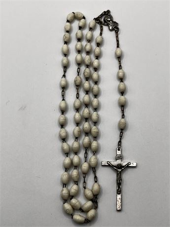 Antique / Vintage Italian White Bead Rosary Necklace