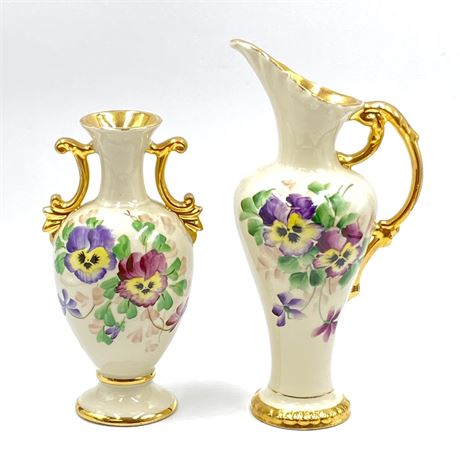 Vintage Ceramic Hand Painted Pansies Vase and Ewer