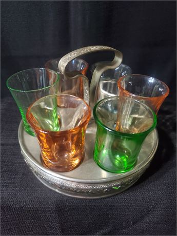 Vintage shot glass set with caddy (uranium glass)