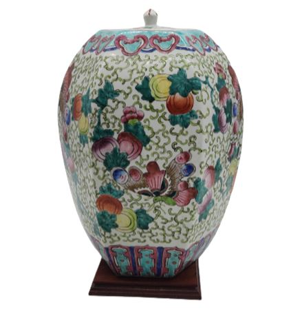 Large Chinese Ginger Jar Butterflies & Flowers Hand Painted/signed W/lid & Stand