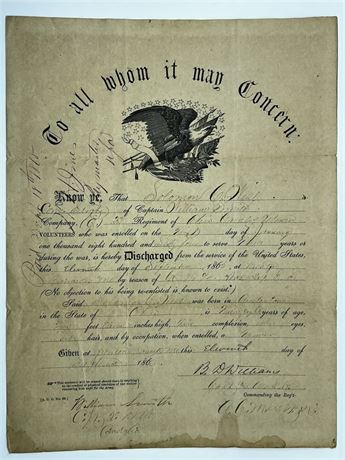 Very Rare US Army Civil War Discharge Letter for Ohio Soldier