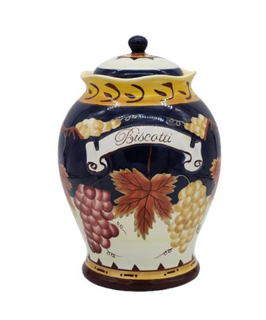 Lovely Hand Painted Large 10” Biscotti Cookie Jar With Lid - Yellow & Blue