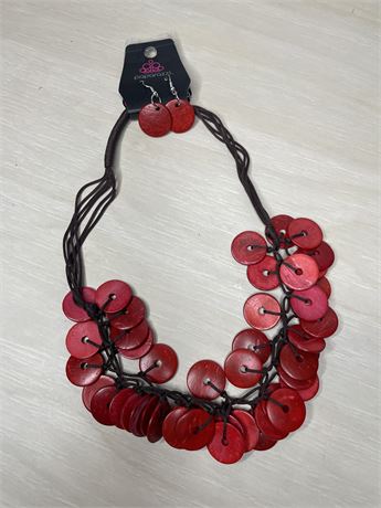 Red Wood Disk Bead Necklace and Earrings